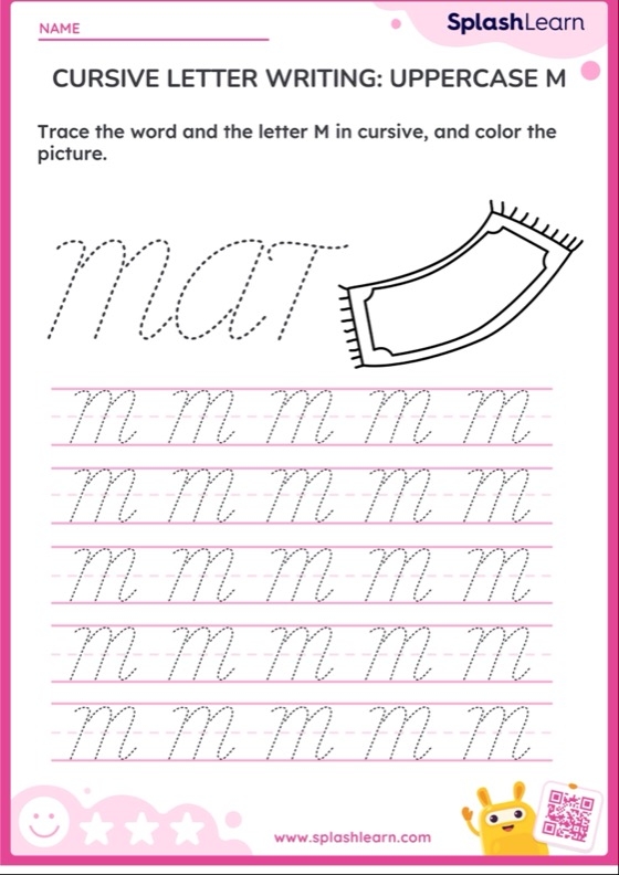 Third Grade student practicing the letter M in cursive on worksheet number 5