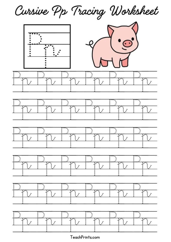 Third Grade Life Science cursive P worksheet with practice exercises for neat handwriting
