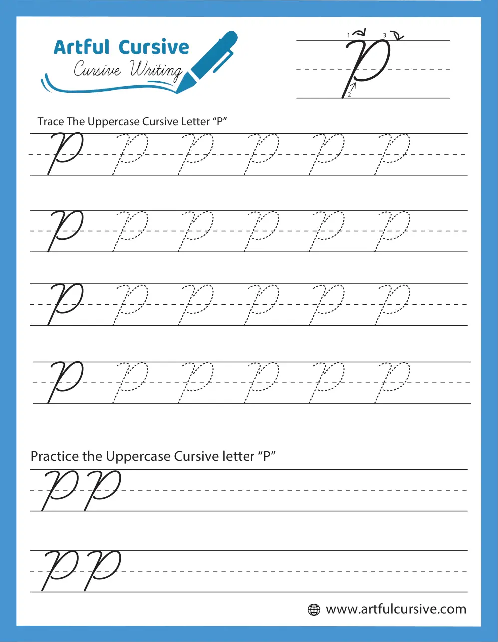 Third grade life science cursive P writing practice worksheet