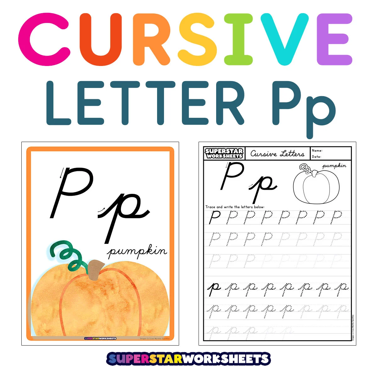 Third grade life science cursive P handwriting worksheet with practice exercises