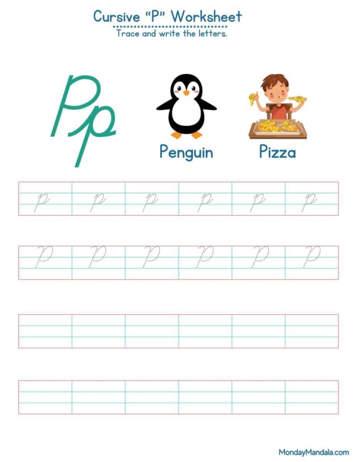 Third grade life science cursive P worksheet with writing exercises