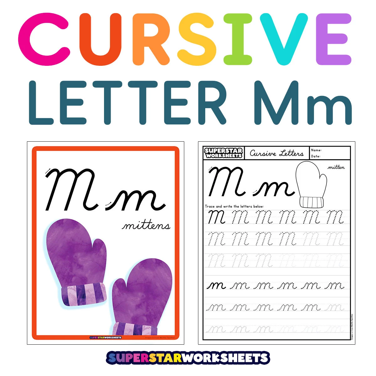 Third grade cursive M worksheet showing practice lines for writing the letter M in cursive