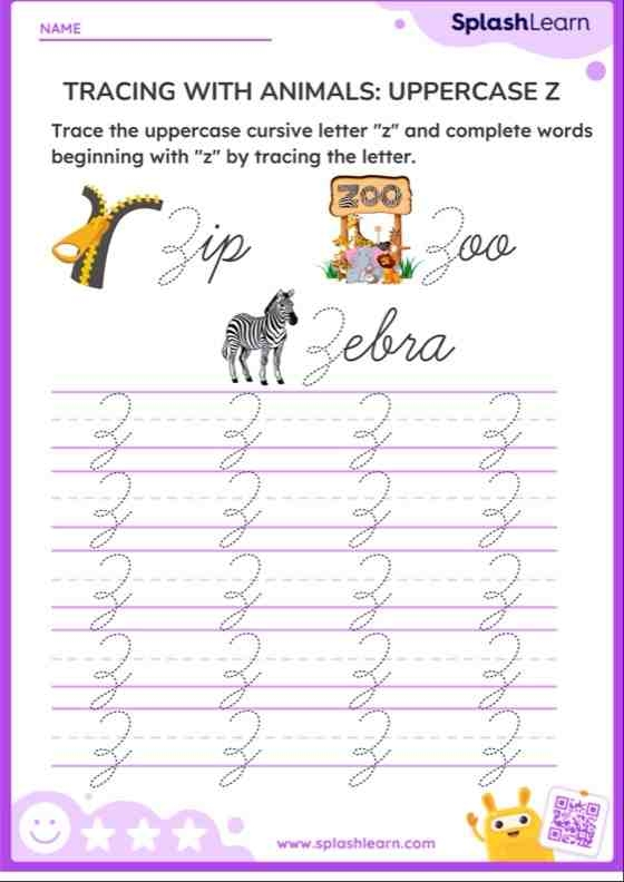 Practice writing uppercase and lowercase Z with Zach and a zoo zebra in cursive style Third grade cursive Z worksheet featuring Zach and a zebra for writing practice