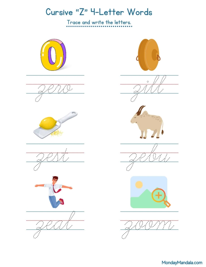Practice cursive capital and lowercase Z with Zach and a zoo zebra on worksheet 22 Third grade cursive writing worksheet featuring Zach and a zebra practicing the letter Z