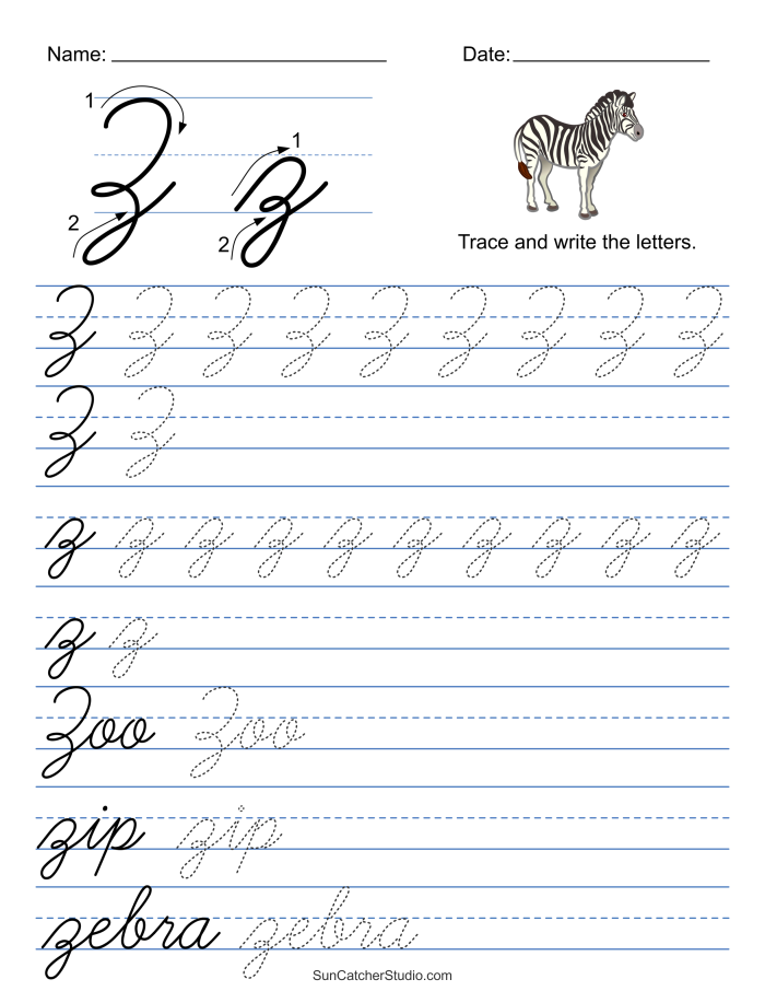 Third grade handwriting practice with Zach and a zoo zebra on cursive Z writing sheet number 9 Third grade cursive Z worksheet featuring Zach and a zebra practicing capital and lowercase Z