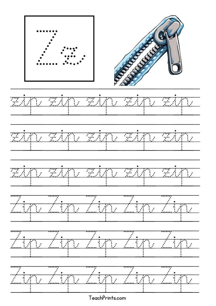 Cursive Z writing practice with Zach and a zoo zebra for third graders, image 14 Third grade worksheet featuring Zach and a zebra practicing cursive capital and lowercase Z