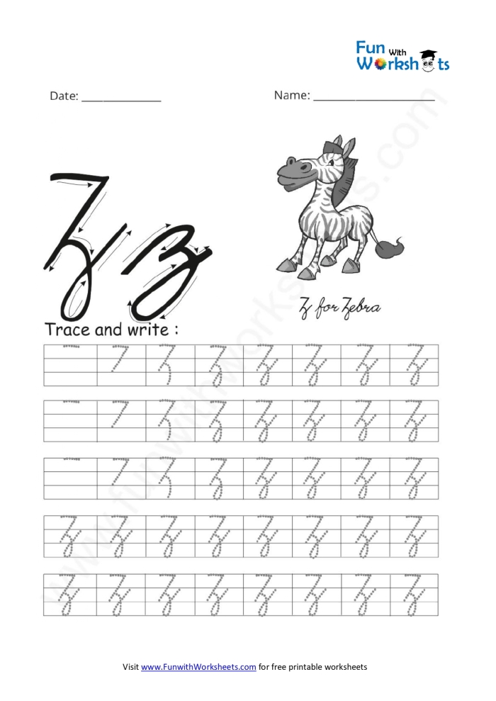 Practice cursive Z with Zach and a zoo zebra on this third grade life science worksheet number 10 Third grade cursive Z worksheet featuring Zach and a zebra to practice writing capital and lowercase Z