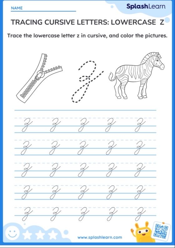 Cursive Z practice with Zach and a zoo zebra for third graders, image 17 Third grade worksheet featuring Zach and a zebra practicing cursive Z writing