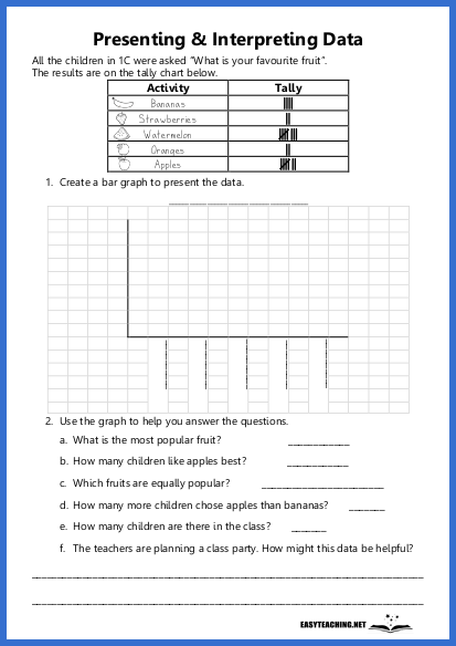 Worksheet for assessing data learning and graphing concepts in grade three students Third grade worksheet focused on data and graph skills with fraction problems