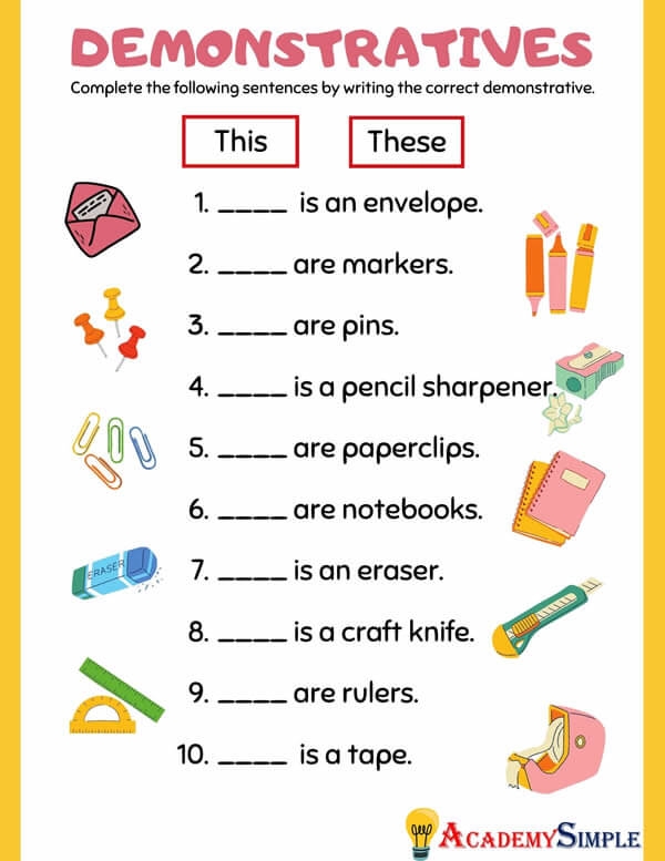 Worksheet 18: Learn about demonstrative adjectives with simple geometry examples Third Grade geometry worksheet focusing on demonstrative adjectives like this, that, these, and those