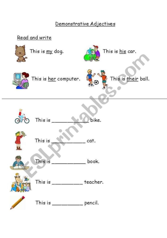 Worksheet for learning demonstrative adjectives in a third grade geometry lesson Third grade geometry worksheet focusing on demonstrative adjectives like this and those