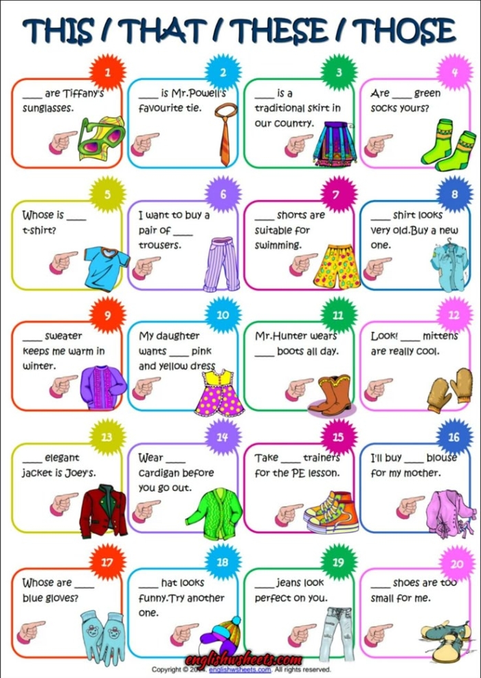 Worksheet teaching demonstrative adjectives this, that, these, and those in geometry contexts Third grade geometry worksheet featuring demonstrative adjectives with shapes