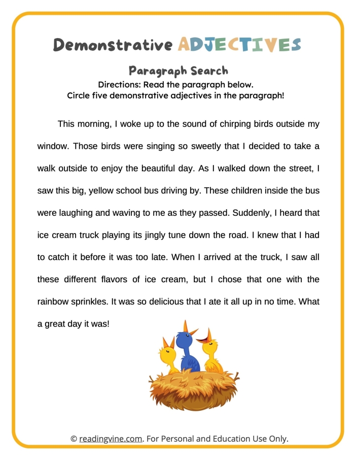 Geometry demonstrative adjectives practice sheet for third graders, image 17 Third grade geometry worksheet focusing on demonstrative adjectives such as this, that, these, and those