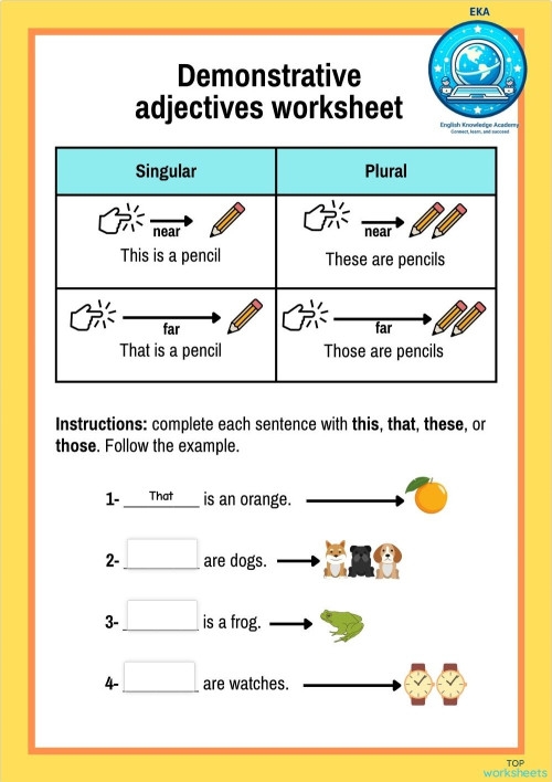 Geometry lesson with demonstrative adjectives for third graders on worksheet number 4 Third grade geometry worksheet featuring demonstrative adjectives this, that, these, and those
