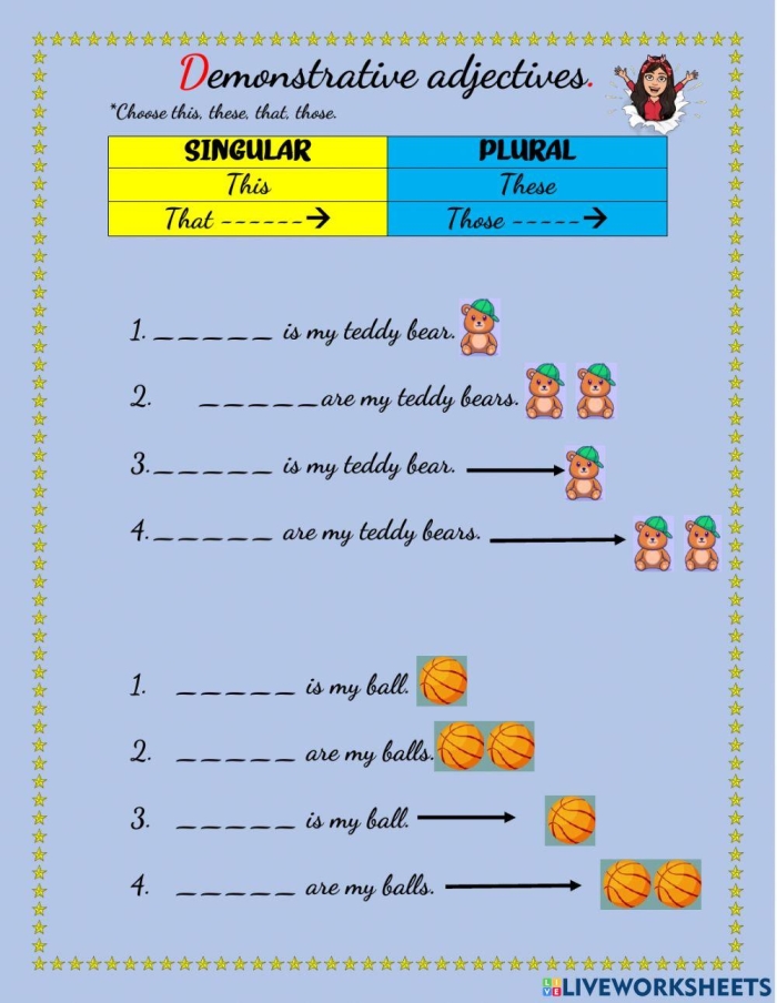 Worksheet 8: Learning demonstrative adjectives with geometry examples for third graders Third Grade geometry worksheet featuring demonstrative adjectives this, that, these, and those