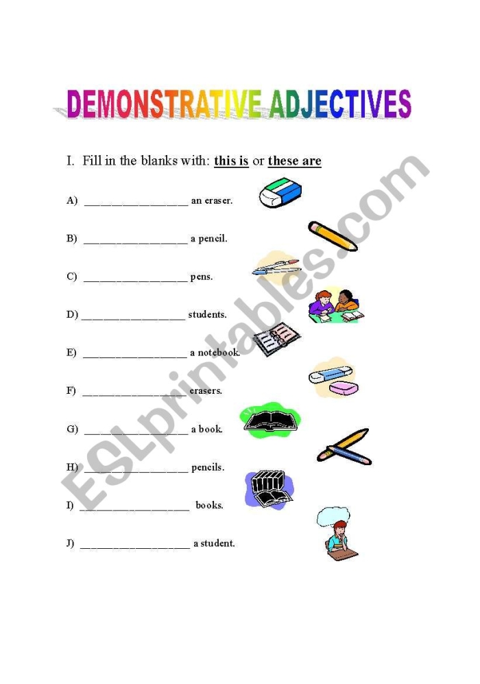 Geometry demonstrative adjectives exercise for third graders worksheet 21 Third grade geometry worksheet focusing on demonstrative adjectives like this, that, these, and those