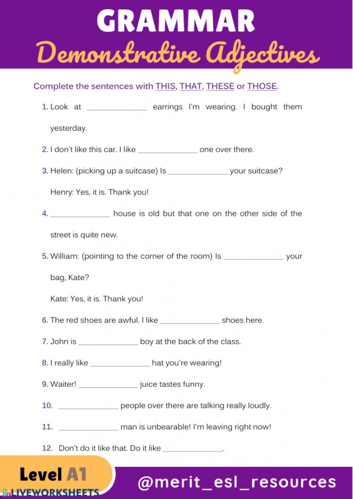 Worksheet 23: Learn and practice demonstrative adjectives in geometry contexts Third grade geometry worksheet focusing on demonstrative adjectives like this, that, these, and those