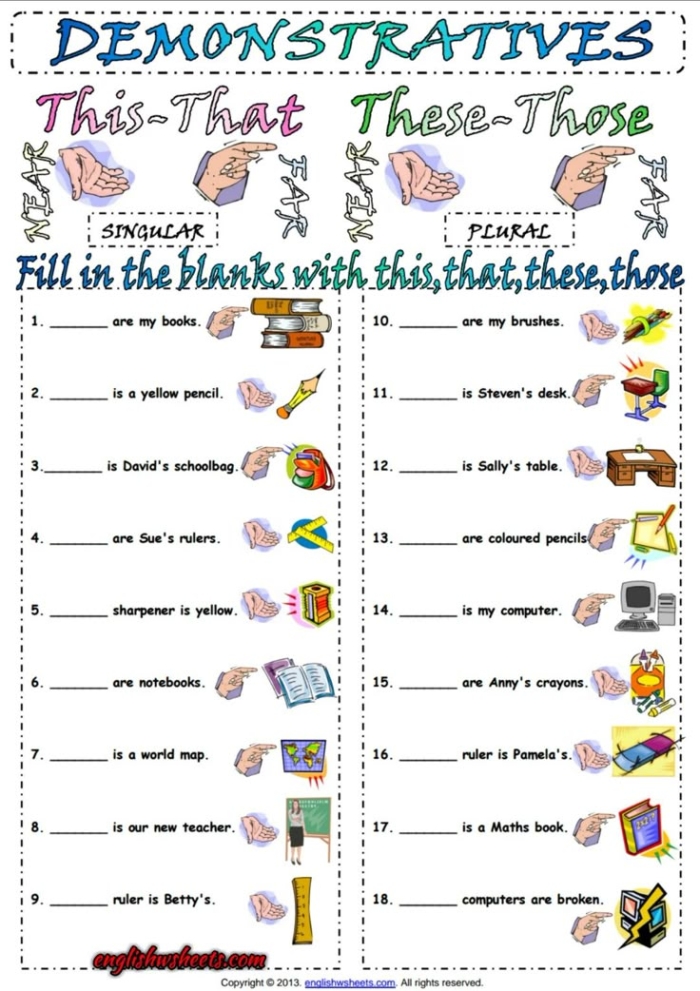Teaching demonstrative adjectives with geometry examples on worksheet number 10 Third grade geometry worksheet featuring demonstrative adjectives this, that, these, and those