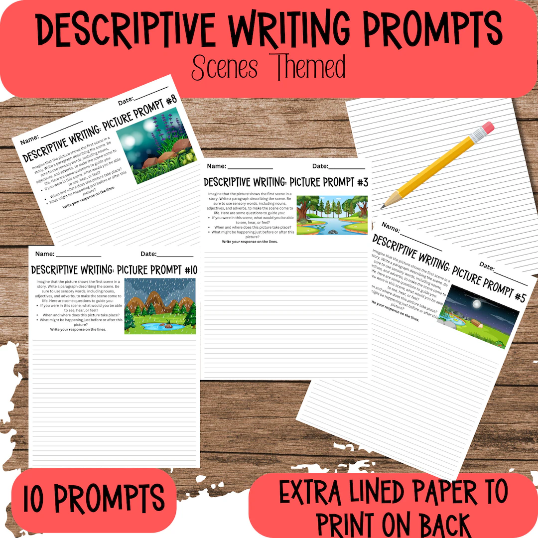 Fun worksheet with sentence starters for young writers to improve descriptive skills Third grade student completing a Descriptive Writing Prompts worksheet for sentence practice