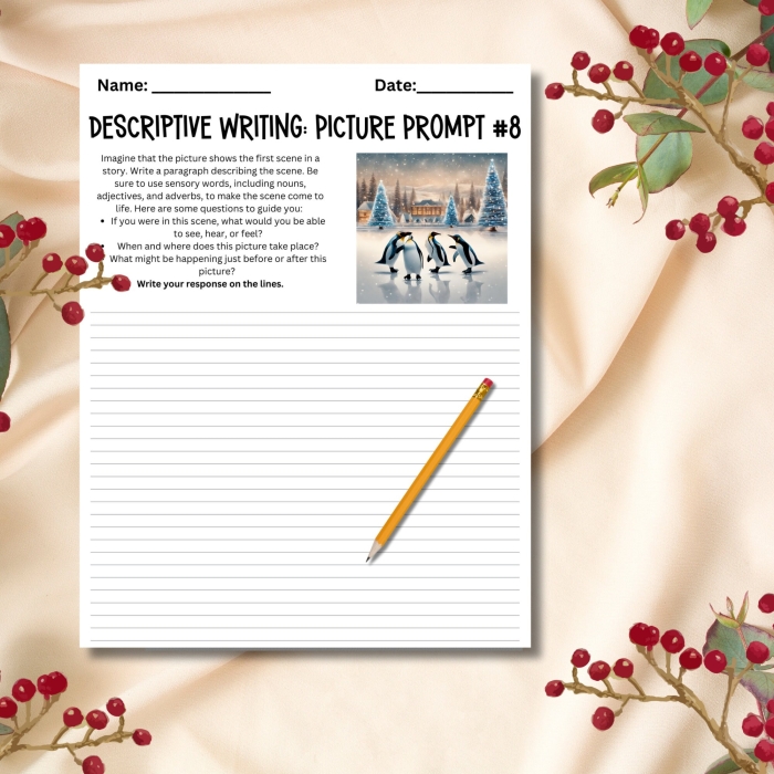Engaging sentence starters activity for third graders on Descriptive Writing Prompts worksheet number 4 Third grade student working on a Descriptive Writing Prompts worksheet for sentence practice