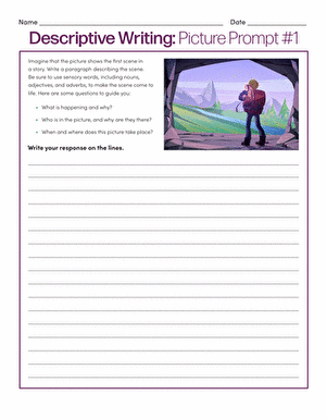 Worksheet sixteen for practicing descriptive sentence starters in grammar and mechanics Third grade student working on descriptive writing prompts worksheet number sixteen