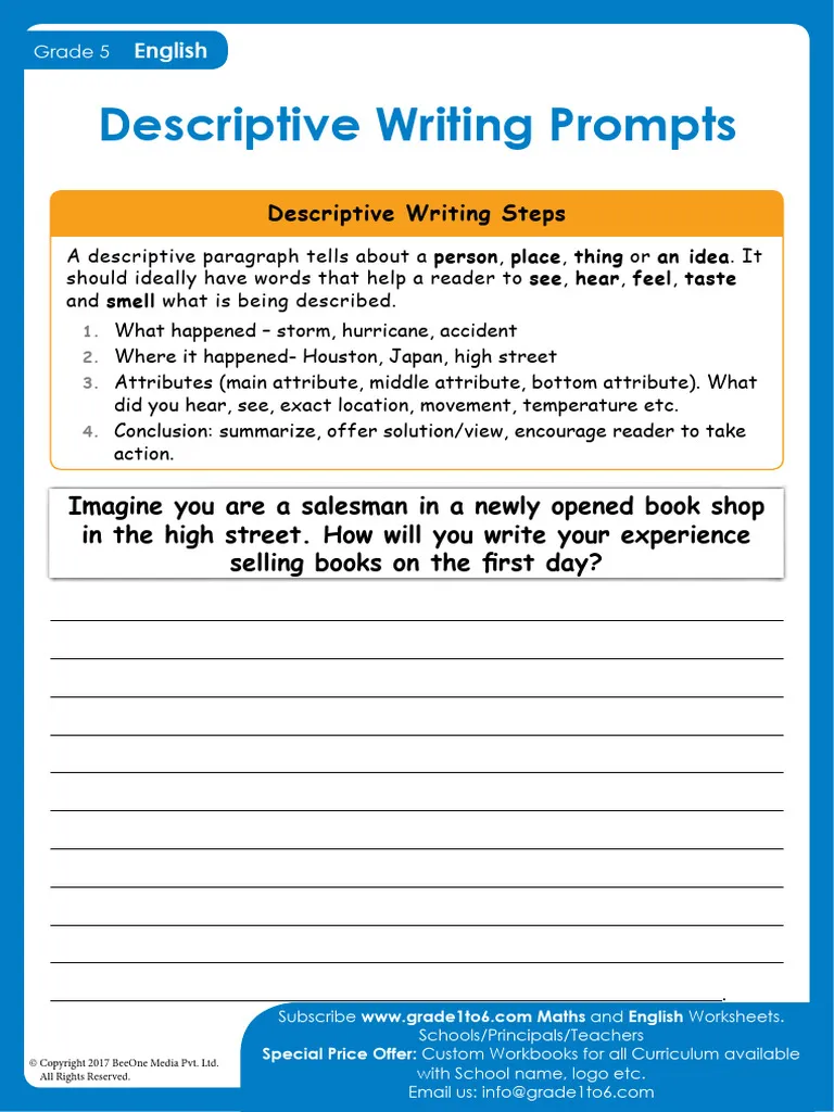 Engaging Grammar and Mechanics worksheet for young writers number 15 Third grade student completing a Descriptive Writing Prompts worksheet with sentence starters