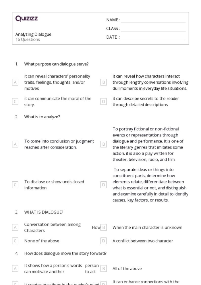 Third-grade worksheet focused on recognizing characters and their speech in a story