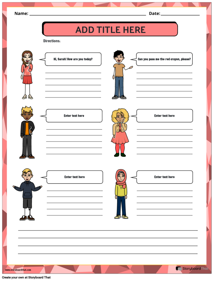 Third grade worksheet focused on identifying characters and their dialogue in short passages