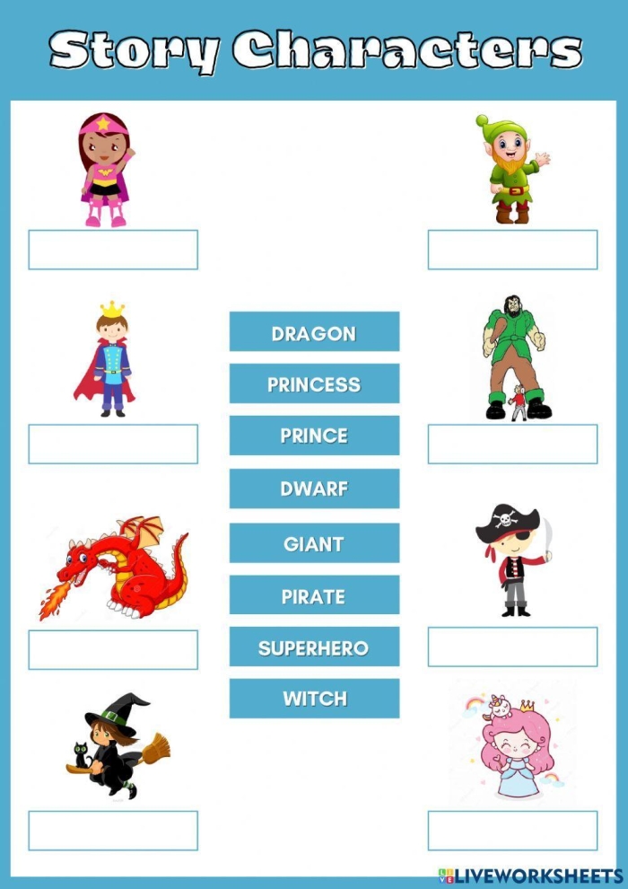 Third grade worksheet focusing on recognizing characters and matching their spoken lines