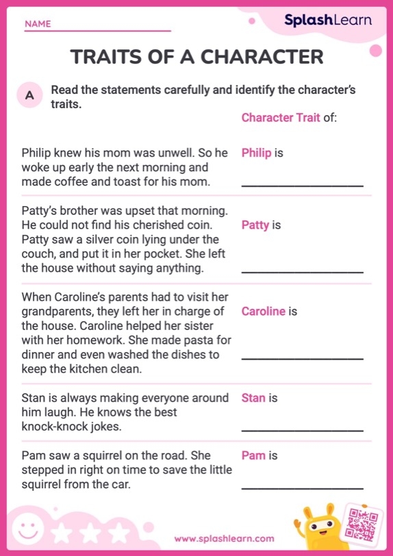 Third grade worksheet focused on identifying characters and matching their dialogue