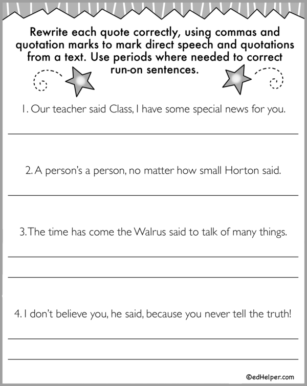 Quotation Marks Say What worksheet for third graders to practice punctuation skills Third grade worksheet where students add missing quotation marks to sentences