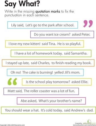 Quotation Marks Say What worksheet for practicing punctuation in grade three students Third grade worksheet focusing on adding quotation marks to sentences