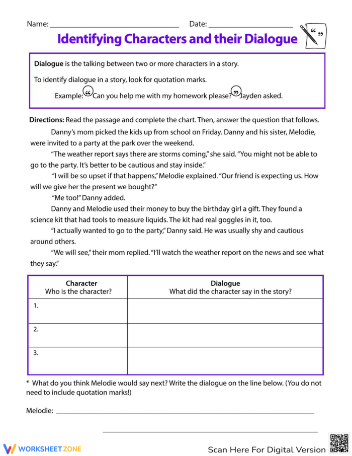 Third grade worksheet focused on recognizing characters and their spoken words