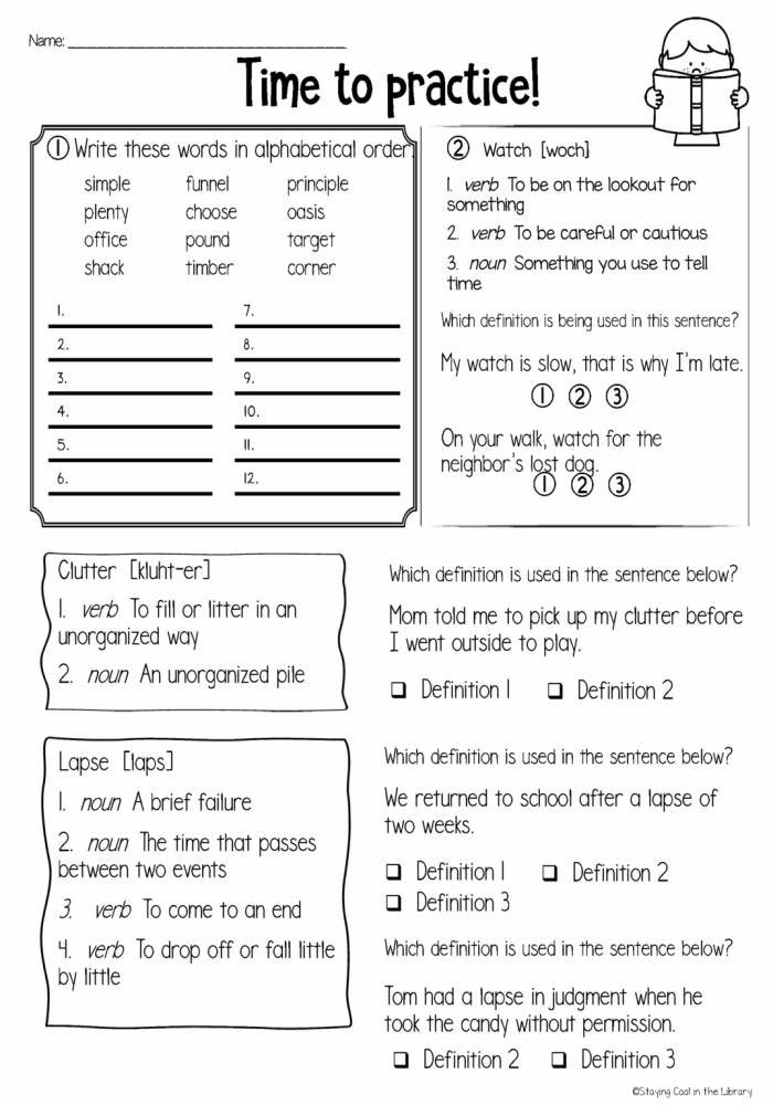 Reading worksheet for Third Grade A third-grade worksheet focused on teaching children how to read and use dictionary definitions. Engaging activity for mastering dictionary skills in reading.