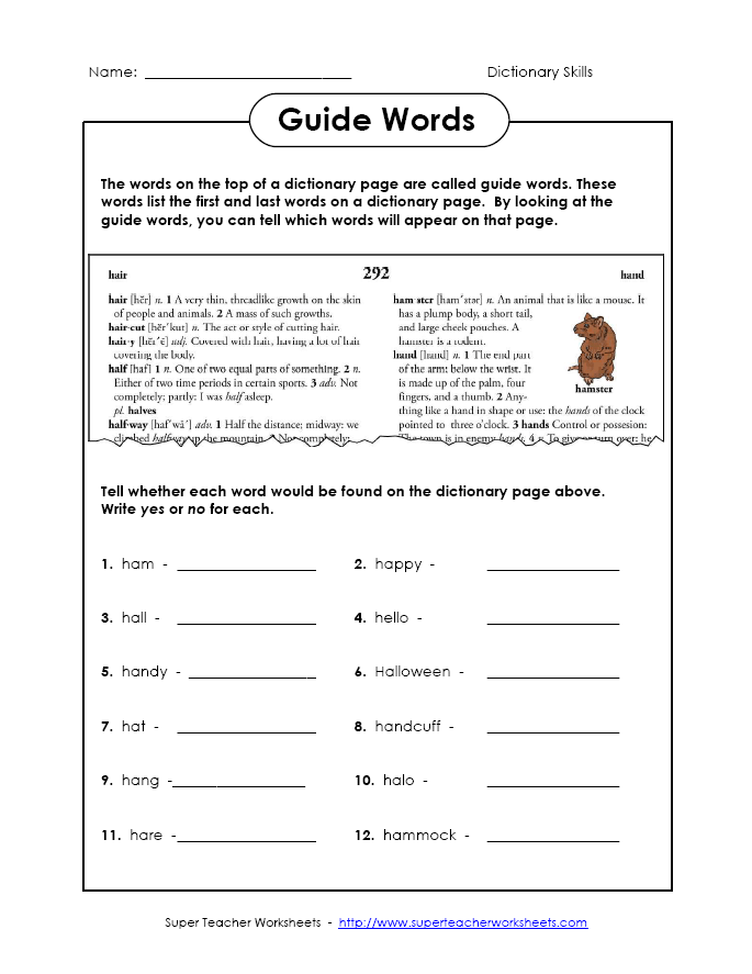 Educational resource for identifying dictionary definitions and formats Worksheet demonstrating how to use a dictionary for third graders