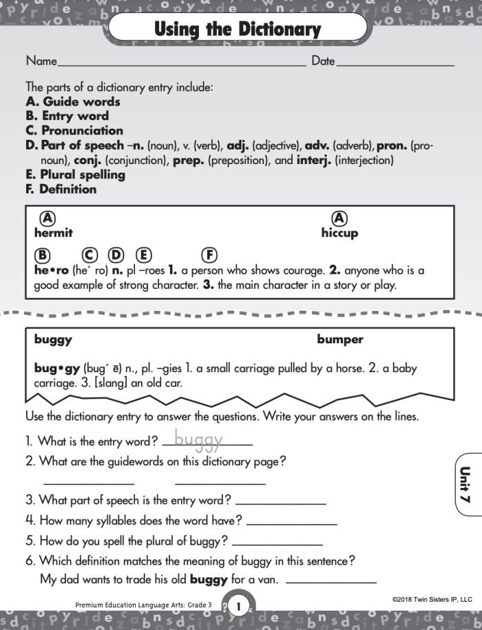 Educational resource for mastering dictionary skills in the classroom Worksheet for third graders focused on using a dictionary to understand definitions