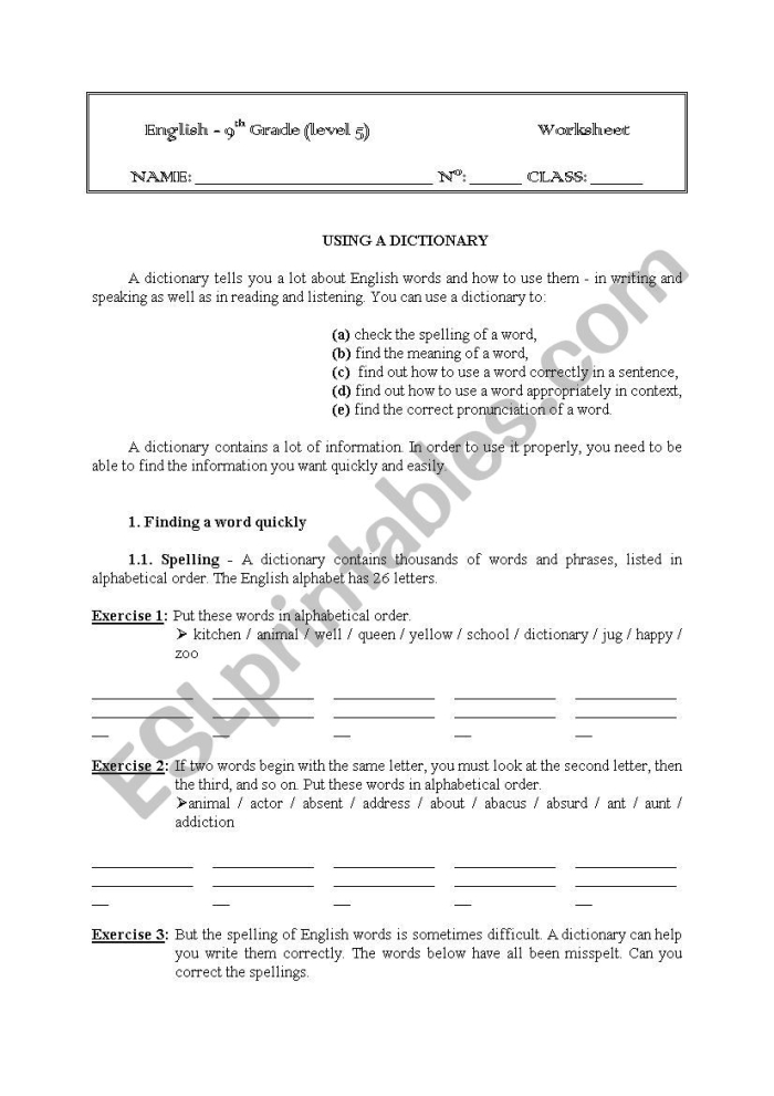 Educational resource on identifying dictionary formatting for young learners Worksheet for third graders focused on using dictionary definitions effectively