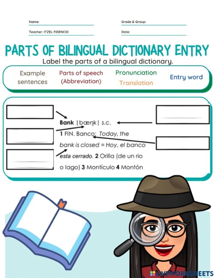 Third-grade students using the "Using the Dictionary" worksheet for reading skills Children engaging with a dictionary worksheet to learn definition formatting