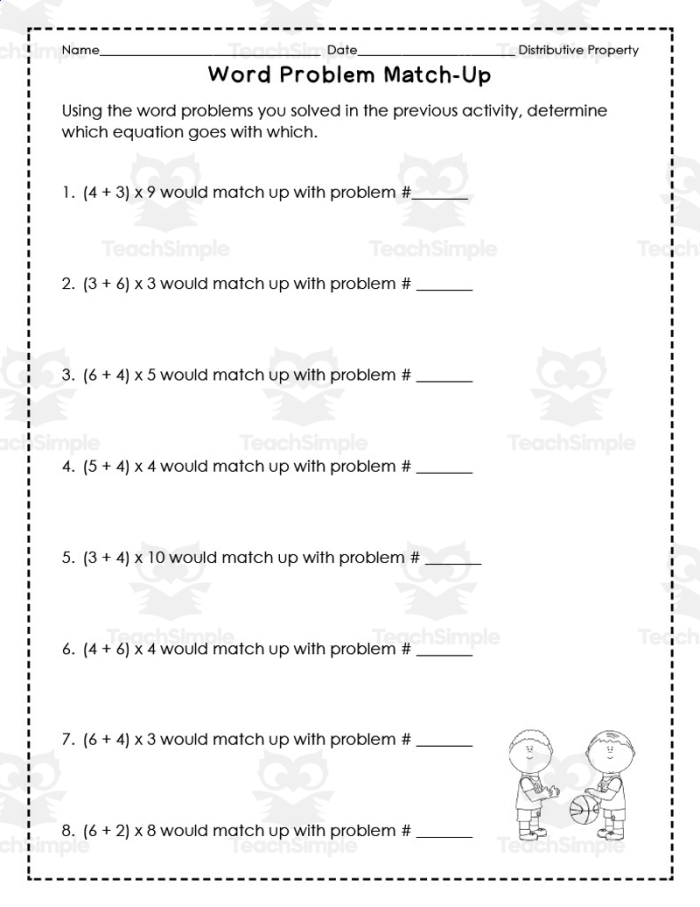 Distributive Property Word Problems worksheet for third graders Third grade students solving multiplication word problems using the distributive property
