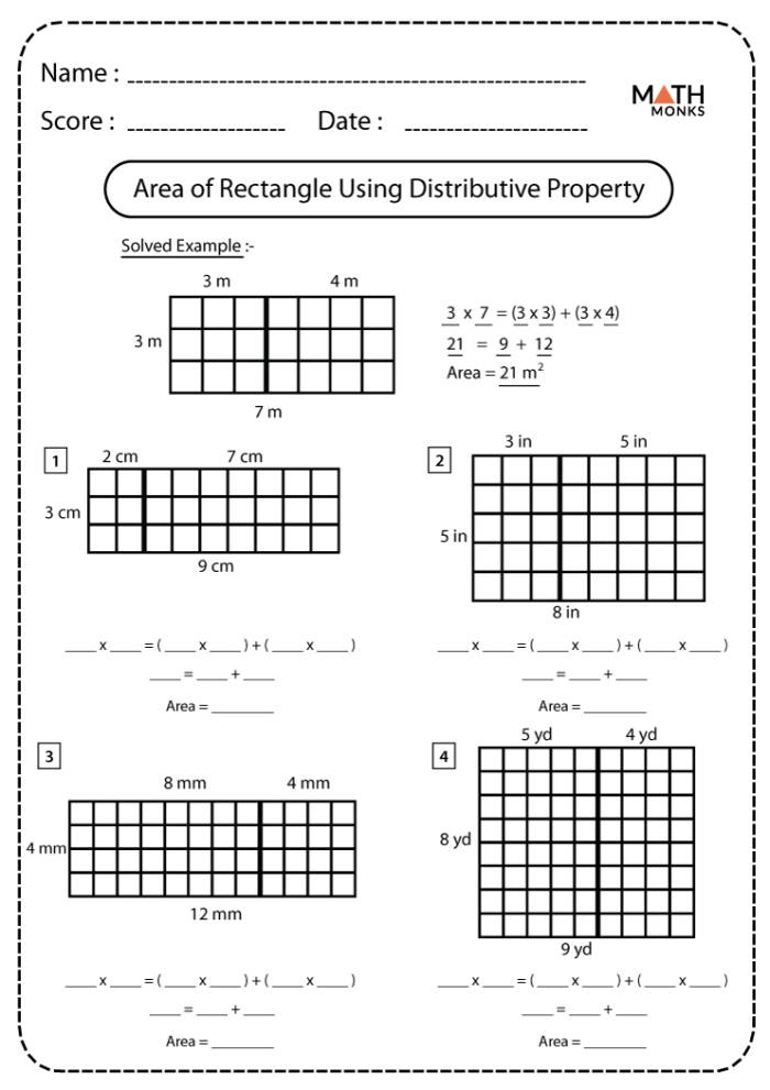Third grade worksheet focusing on the distributive property for enhancing multiplication skills