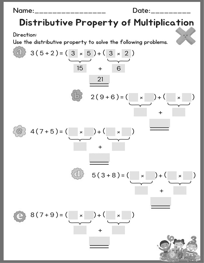 Worksheet for practicing the distributive property in third grade math
