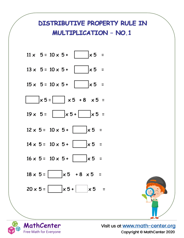 Third grade worksheet focusing on the distributive property for practicing multiplication skills