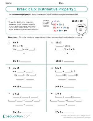 Third grade math worksheet focusing on the distributive property for multiplication practice
