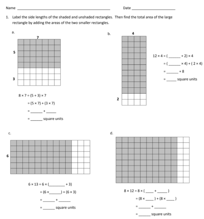 Third grade worksheet focused on the distributive property for practicing multiplication