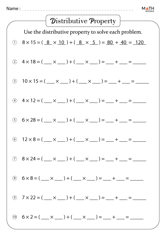 Third grade worksheet for practicing the distributive property in multiplication