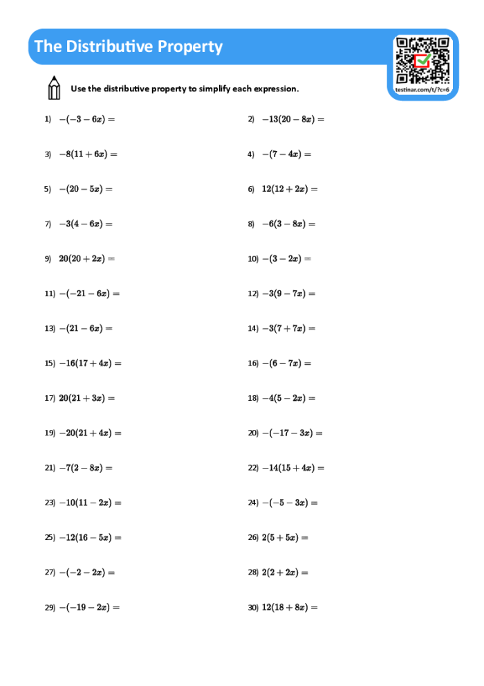 Third grade worksheet on the distributive property for practicing multiplication concepts