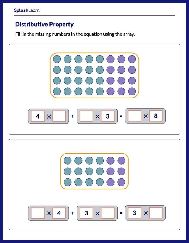 Worksheet for practicing the distributive property in third grade math