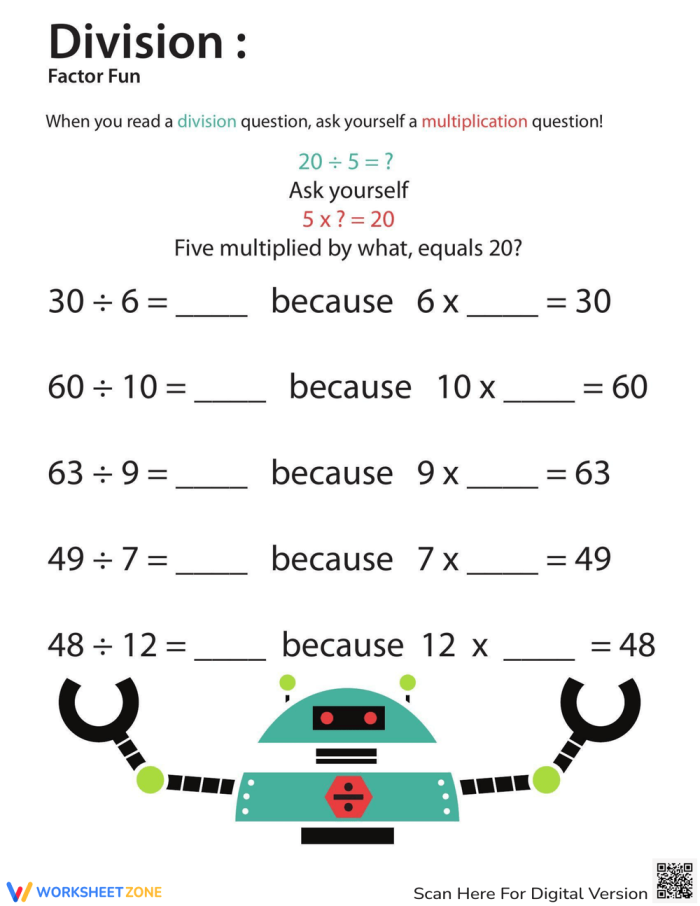 Colorful Division: Factor Fun worksheet for third graders focusing on multiplication strategies