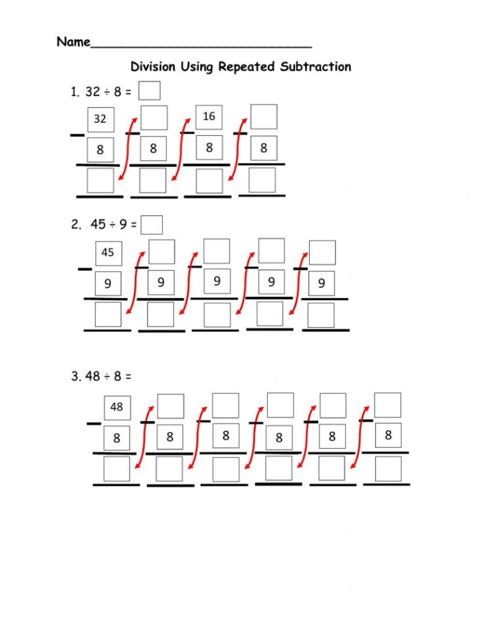 Division repeated subtraction practice worksheet for third graders part two Third grade worksheet showing division problems solved by repeated subtraction