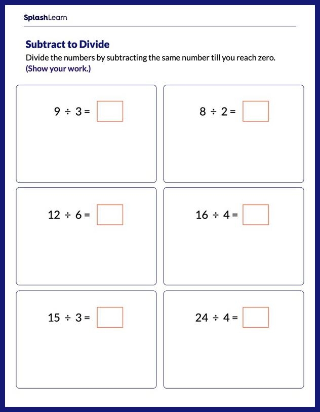 Division practice worksheet part two focusing on repeated subtraction techniques Third grade worksheet showing division problems solved with repeated subtraction